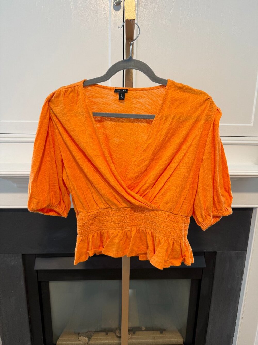 Orange Wrap Peplum Top Puff Sleeve Smocked Waist | Ann Taylor | Medium